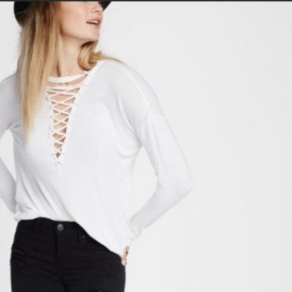 [Express] White Deep Lace Up V Neck Tee